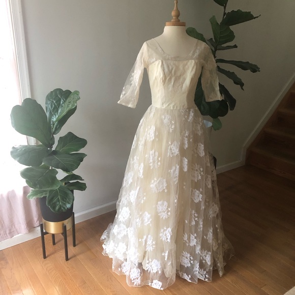 Vintage Dresses & Skirts - 1950’s True Vintage ivory Handmade Wedding gown dress handmade lace